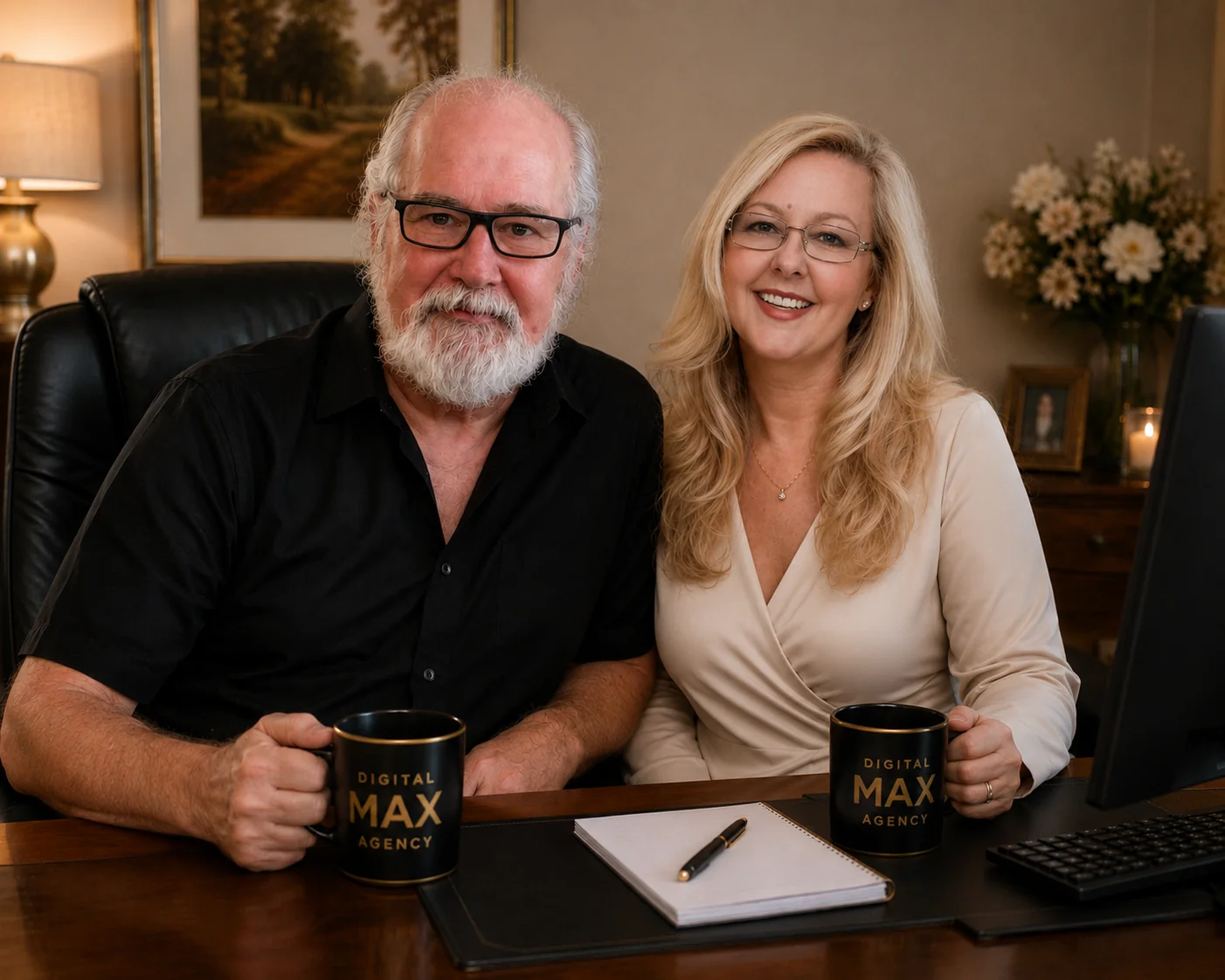Darlene and Rusty Ballard, founders of Digital Max Agency, at their desk in Palm Beach Gardens with Digital Max Agency mugs