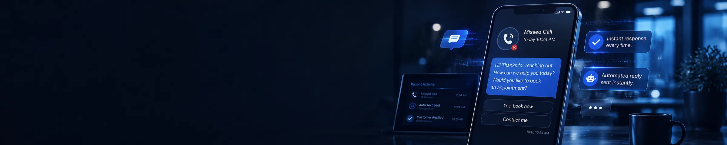 Phone showing a missed call answered instantly by an automatic text that offers to book an appointment